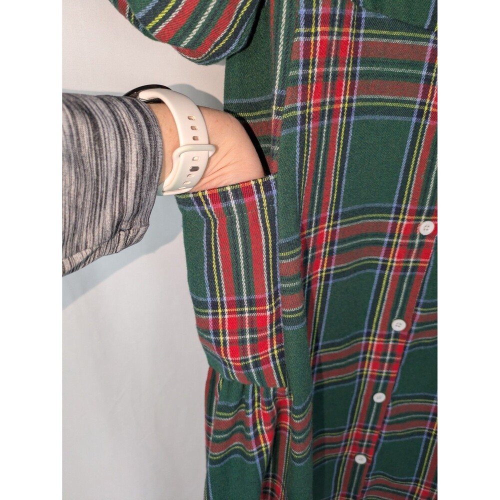 Women's Dress S Green Tartan Check Short Balloon Sleeve Button Down Shirt Dress - Picture 3 of 8